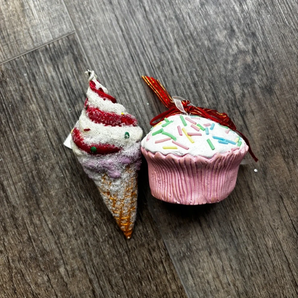 5pc Candy Gingerbread Christmas Ornament Set Ice Cream Cupcake Sugared Sweets
